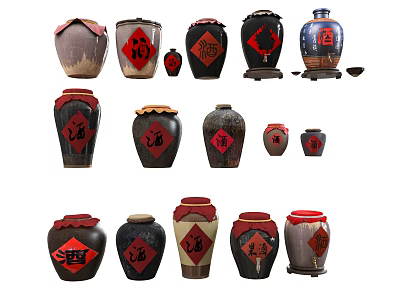 Traditional Chinese Ceramic Vessels With Red Accents And Various Sizes For Decoration 3d model