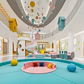 Colorful Kindergarten Indoor Play Space With Slide Circular Pool And Toy House Structures