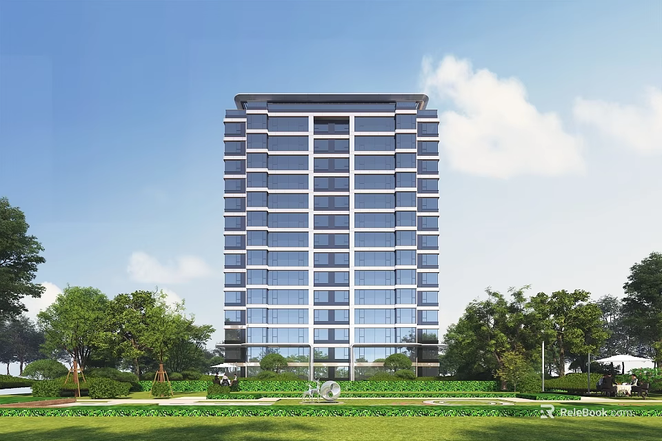 Modern High Rise Residential Building With Glass Windows Green Lawns And Trees 3d model 