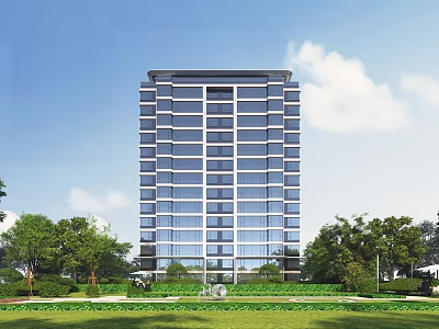 Modern High Rise Residential Building With Glass Windows Green Lawns And Trees 3d model