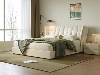 Cozy Bedroom Interior With Large Tufted Headboard Bed Window Wooden Floor And Green Rug 3d model