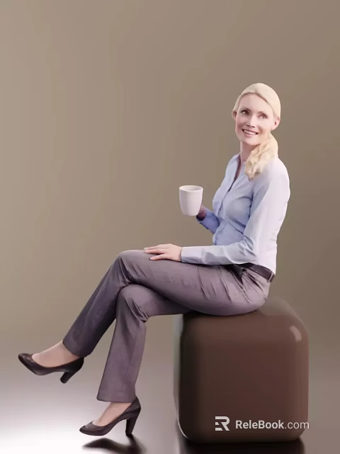 Blonde Woman Wearing Light Blue Shirt Gray Pants Sitting On Brown Stool Holding White Cup 3d model 