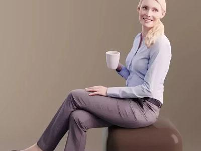 Blonde Woman Wearing Light Blue Shirt Gray Pants Sitting On Brown Stool Holding White Cup 3d model