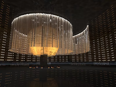 Elegant Modern Hall Featuring Large Chandelier With Transparent Pendants And Smooth Floor Reflections 3d model