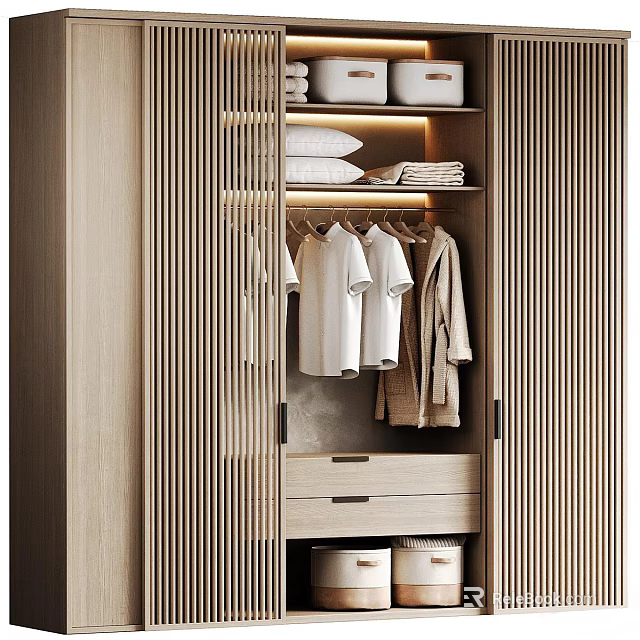Modern Wardrobe Interior Design With Hanging Clothes Folded Linens And Storage Drawers 3d model 