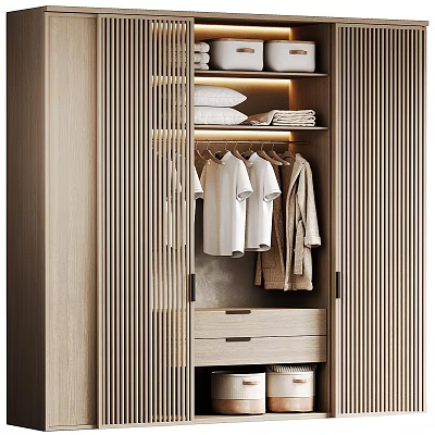 Modern Wardrobe Interior Design With Hanging Clothes Folded Linens And Storage Drawers 3d model