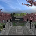 Peaceful Traditional Chinese Spring Landscape With Stone Bridge Blossoming Pink Cherry Trees And Rustic Cottage