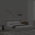 Minimalist Double Bed Light Gray Headboard Pillows Blanket Wooden Nightstand Floor Lamp White Blinds