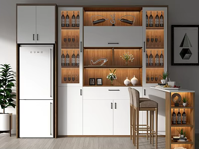 Modern Wooden Wine Cabinet With Wine Bottles Glass Racks Bar Counter Stools And Decorative Plants 3d model