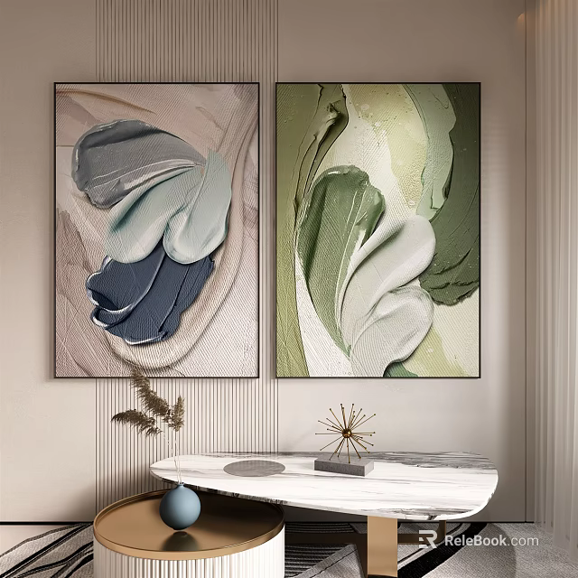 Textured Abstract Paintings With Green White Blue Tones For Modern Wall Decor 3d model 