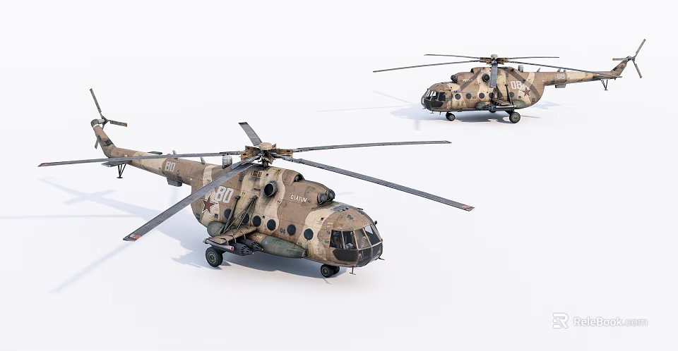 Two Military Camouflage Helicopters With Red Star Markings And Number 707 On White Background 3d model 