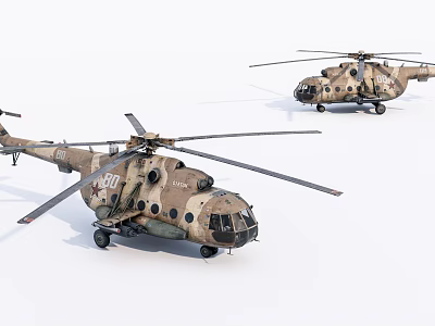 Two Military Camouflage Helicopters With Red Star Markings And Number 707 On White Background 3d model