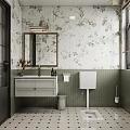 Elegant Bathroom Interior Design With Floral Wallpaper Green Tiles Vanity Mirror And White Toilet