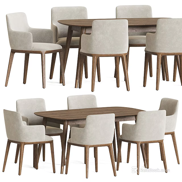 Modern Dining Table Set With Light Beige Upholstered Chairs And Wooden Legs 3d model 