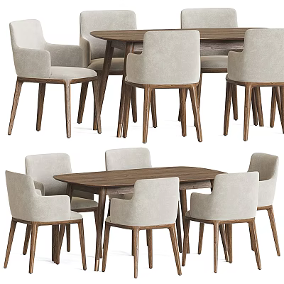 Modern Dining Table Set With Light Beige Upholstered Chairs And Wooden Legs 3d model