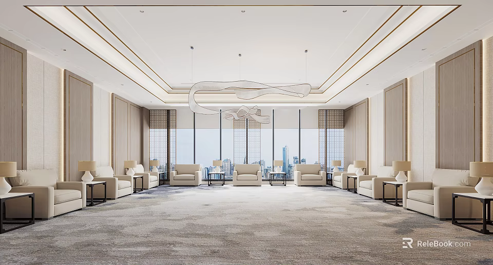Modern Hotel Public Lounge Interior With Comfortable Seating Large Windows And City View 3d model 
