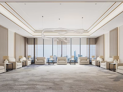 Modern Hotel Public Lounge Interior With Comfortable Seating Large Windows And City View 3d model