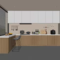 Modern Kitchen Interior With White Upper Cabinets Wooden Lower Cabinets Large Window And Bar Stools