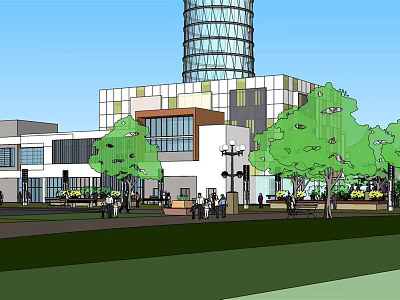 Modern Commercial Street With Glass Tower Green Trees And Pedestrian Area 3d model