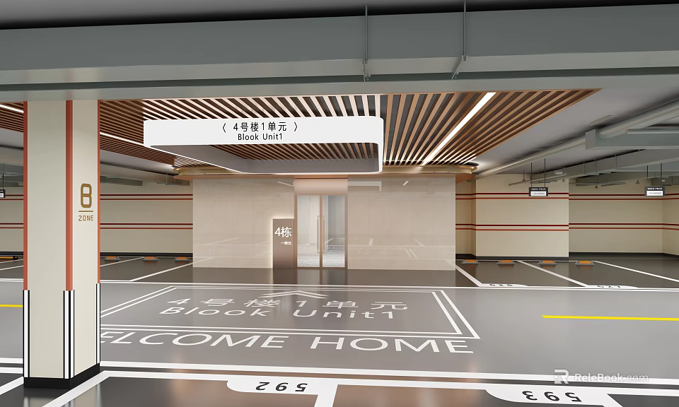 Well Designed Basement Parking Lot With Welcome Sign And Elevator 3d model 