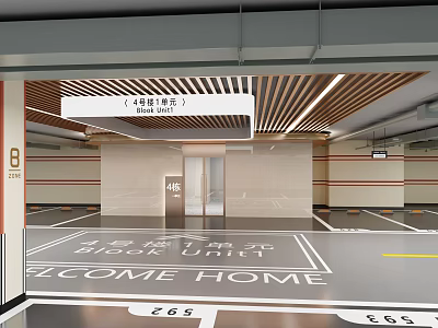 Well Designed Basement Parking Lot With Welcome Sign And Elevator 3d model