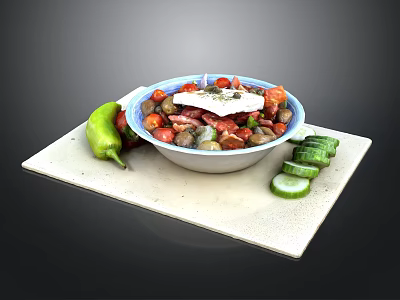 Fresh Mediterranean Salad Bowl With Feta Cheese Tomatoes Olives Green Pepper And Cucumber Slices 3d model