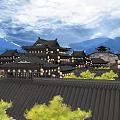 Ancient Chinese Architecture With Traditional Wooden Structure Hanging Lanterns Curved Eaves And Courtyard View