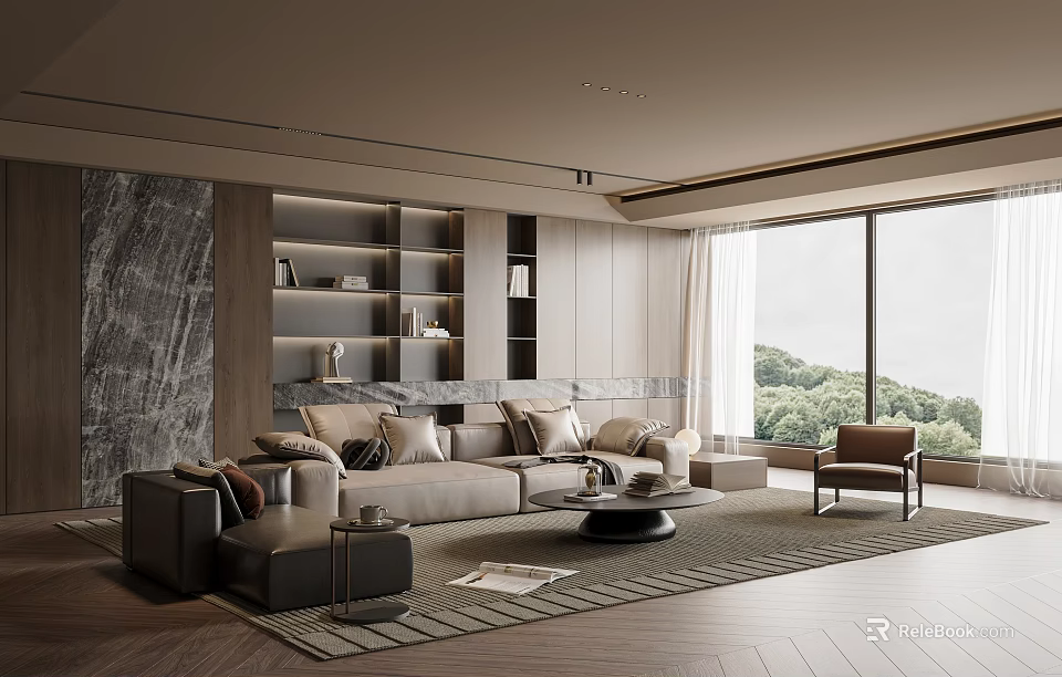 Modern Duplex Living Room Interior With Large Windows Sofa Bookshelves And Wooden Flooring 3d model 