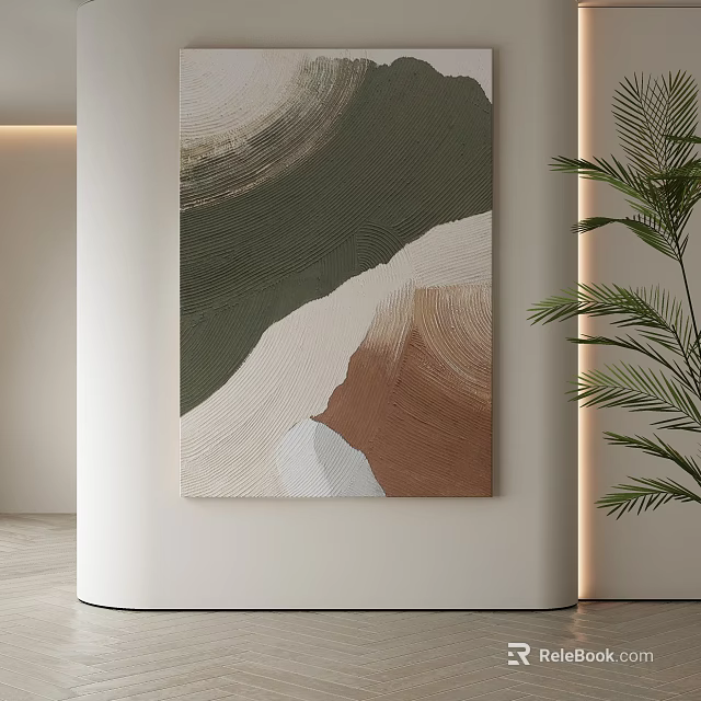 Textured Abstract Painting With Green Beige Brown Wavy Strokes In Modern Interior Wall With Plant 3d model 