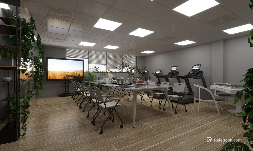 Modern Meeting Room Interior with Projector Screen Comfortable Chairs and Large Windows 3d model 
