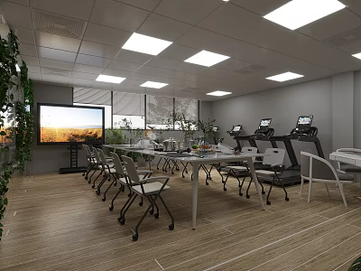 Modern Meeting Room Interior with Projector Screen Comfortable Chairs and Large Windows 3d model