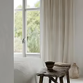 White Bedroom Interior With Wooden Ceiling Beige Curtains And Scenic Window View