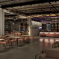 Modern Restaurant Interior With Wooden Tables Leather Chairs And Hanging Lights