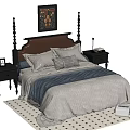 Vintage Double Bed With Brown Leather Headboard Carved Bedposts Nightstands Lamps And Polka Dot Rug