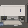 Modern Minimalist Bedroom Interior With Bed Nightstand Lamp Blue Stool And Blinds