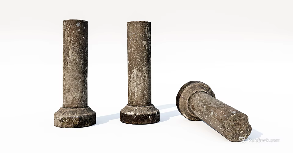 Three Weathered Stone Columns With Standing And Fallen Positions And Textured Surfaces 3d model 
