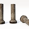 Three Weathered Stone Columns With Standing And Fallen Positions And Textured Surfaces