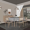 Warm Restaurant Dining Area With Wooden Table Woven Chairs Pendant Lamp And Decorative Rug