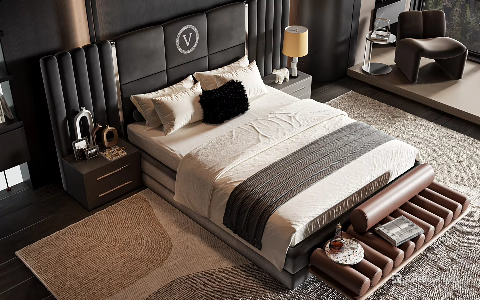 Double Bed With Black Leather Headboard White Bedding Pillows Nightstands Lamp And Brown Bench 3d model 