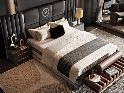 Double Bed With Black Leather Headboard White Bedding Pillows Nightstands Lamp And Brown Bench 3d model