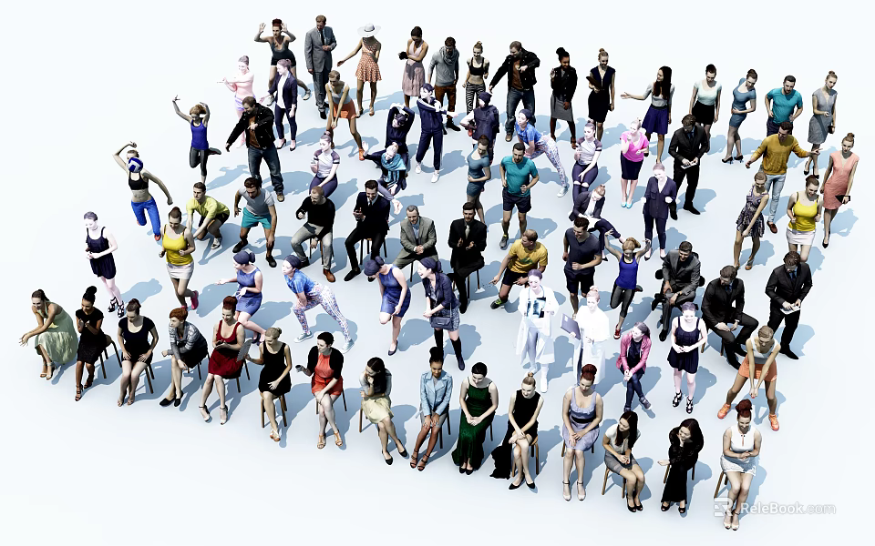 Group of People With Various Poses And Diverse Clothing Standing Together 3d model 