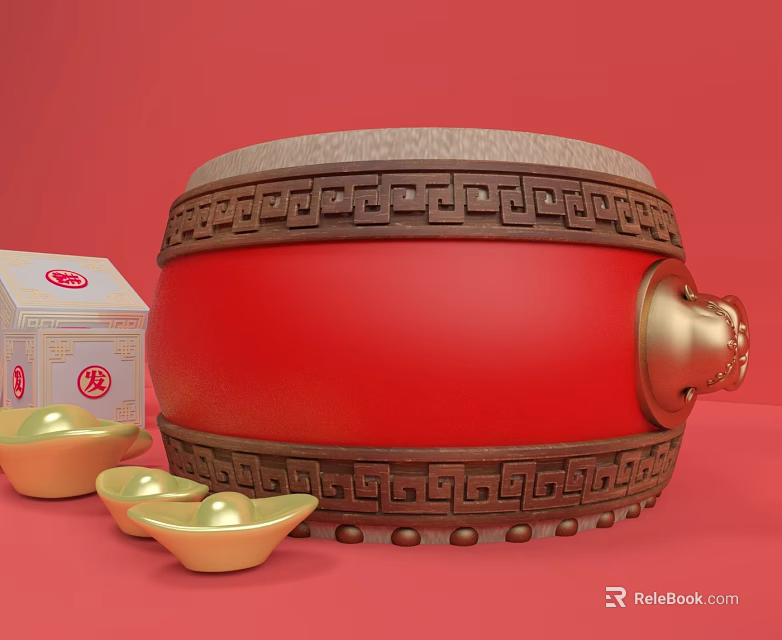 Traditional Red Drum With Intricate Patterns And Gold Ingots Near Fu Box 3d model 