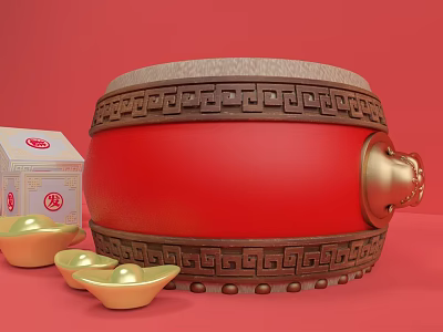 Traditional Red Drum With Intricate Patterns And Gold Ingots Near Fu Box 3d model