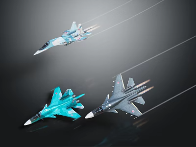 Three Light Blue and Gray Fighter Jets Flying with Trails Against Dark Background 3d model