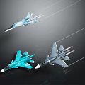 Three Light Blue and Gray Fighter Jets Flying with Trails Against Dark Background