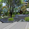 Modern Urban Plaza Landscape With Green Lawn Trees Water Feature And Pathway
