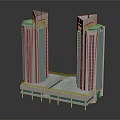Modern Twin Tower Building With Blue Glass Curtain Walls Connected Base And Decorative Tops
