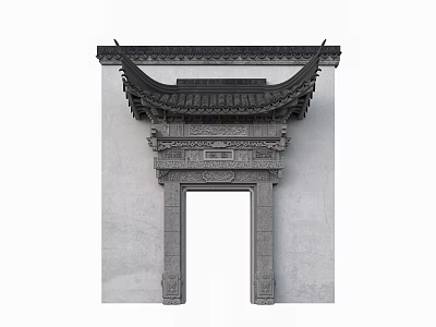 Traditional Chinese Entrance Gate with Curved Eaves Ornate Carved Lintel White Walls Gray Stone Frame 3d model