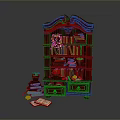 Dark Brown Wooden Bookshelf With Ornate Design Books Potted Plants And Drawers