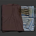 Double Bed With Black Metal Frame Red Blanket And Blue White Striped Bedding